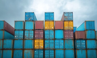 Fototapeta premium Stacked Shipping Containers Against Overcast Sky