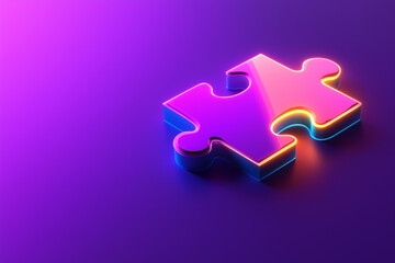 Colorful 3D puzzle piece with neon glow on a purple background.