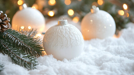 White Christmas ornaments nestled in snow with festive lights twinkling softly in the background