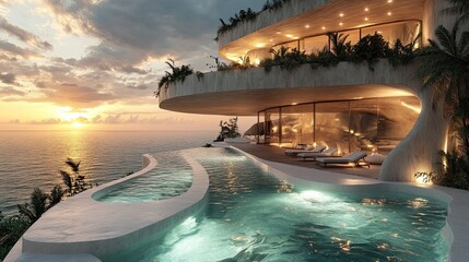 Modern avant-garde house with swimming pool on the edge of a cliff overlooking the sea, beautiful sunset landscape.