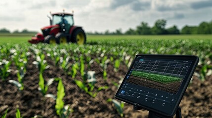A close-up of GPS software controlling a tractor harvesting in a corn field.