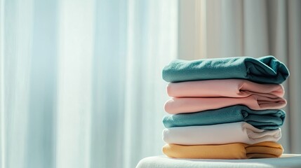 Folded and stacked clothes against a plain background with pastel colors