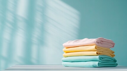 Folded and stacked clothes against a plain background with pastel colors