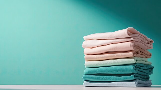 Folded and stacked clothes against a plain background with pastel colors