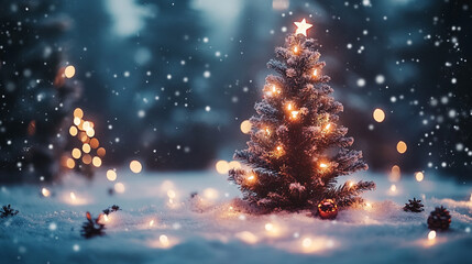 Naklejka premium A beautifully decorated Christmas tree with lights in a snowy landscape during winter