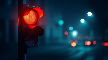 A glowing red traffic light in a dimly lit urban setting, indicating vehicles should stop.