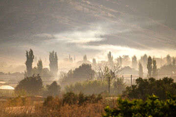 Fog descending on the plains in Izmir Odemis in the early morning hours