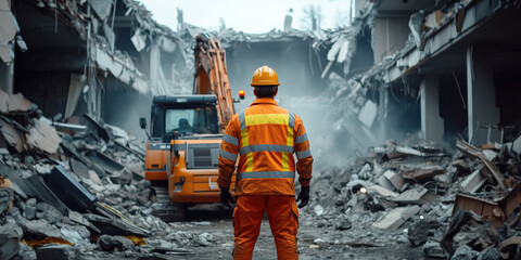 Rescue workers using heavy equipment to clear debris after disaster