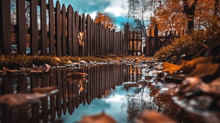 Fototapeta premium Backyard with standing water reflecting the surrounding trees and sky, capturing the serene beauty of nature's reflection and the tranquility of a still moment.