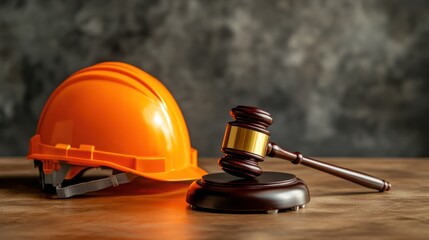 A construction helmet and gavel symbolize the intersection of law and industry.