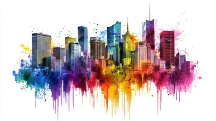 Fototapeta premium A vibrant watercolor skyline illustration showcasing a cityscape with colorful splashes.