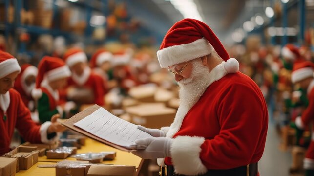 Santa checking his list with elves in a bustling North Pole workshop