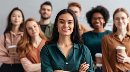 Obraz premium Diverse Business Team Collaboration, Female Leader with Crossed Arms, Teamwork and Retraining Symbolism