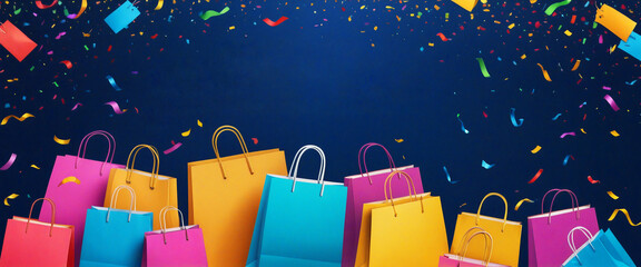 Colorful shopping bags flying out over dark blue background with confetti for celebratory sale event
