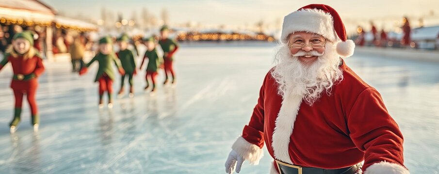 Santa Claus ice skating with elves on a frozen North Pole pond