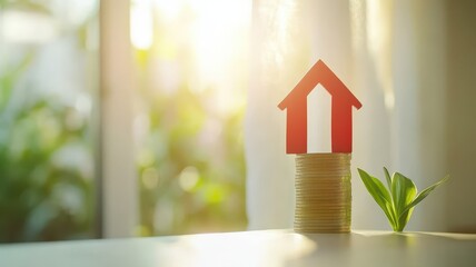Red Upward arrow on money coin stack as growth graph steps in home shape symbol,Savings, income, home investment, real estate price value, property profit concepts,the rising price of real estate.