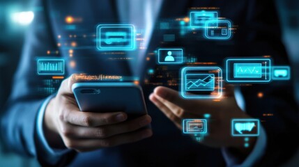 A person using a smartphone with digital icons representing data and technology.