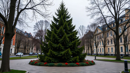 Christmas illumination: a Christmas tree in an urban landscape. 