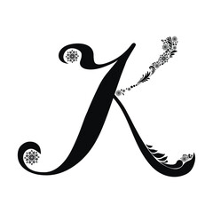 letter K isolated on white. Romantic letter of beautiful snowflake. Snowflake pattern letter. Vector Illustration