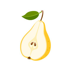Yellow pear cut in half. Vector cartoon flat illustration of fresh fruit. 