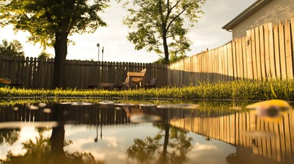 Backyard with standing water reflecting the surrounding trees and sky, capturing the serene beauty of nature's reflection and the tranquility of a still moment.