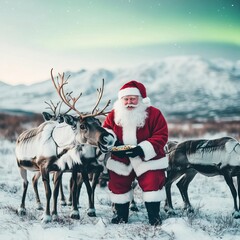 Santa feeding his reindeer under the Northern Lights, magical North Pole moment