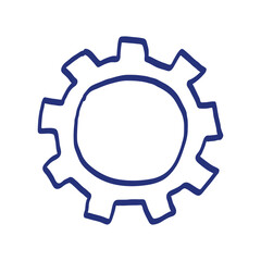 Gear sketch. Hand drawn vector illustration. Blue pen or marker drawing. Primitive kids picture