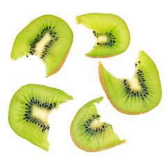 Fototapeta premium Bitten off kiwi slice. Juicy fresh fruit. Summer print. Isolated on transparent background.Top view