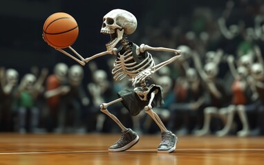 Skeleton Playing Basketball. A 3D skeleton shooting a basketball on a court, wearing a jersey and sneakers, with a dynamic pose and cheering skeleton spectators in the background.