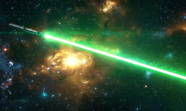 An illuminated green lightsaber glowing brightly against a cosmic background filled with stars and vibrant nebulae, capturing the essence of a galactic adventure