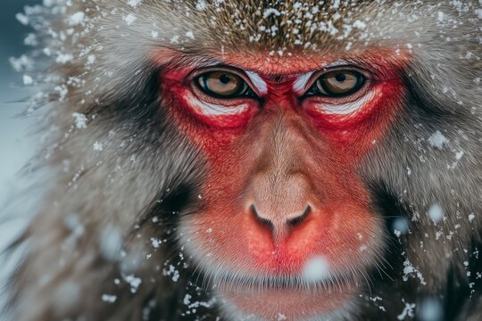 Intense gaze of a snow-covered Japanese macaque, highlighting its vibrant red face amidst the cold winter surroundings.