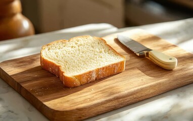 A slice of bread on a wooden cutting board, with a butter knife resting beside it, ready to spread, set in a cozy kitchen environment 
