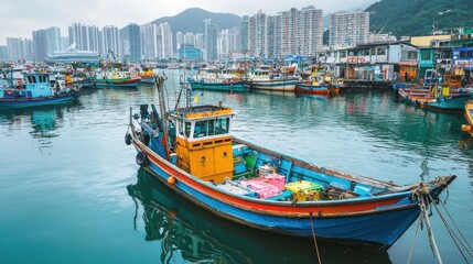 Obraz premium Colorful fishing boat anchored in a bustling harbor with other boats and buildings in the background.