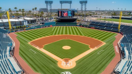 Fototapeta premium Aerial View of Baseball Stadium with Green Grass Field