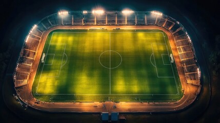 Aerial View of Illuminated Soccer Stadium at Night