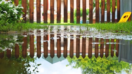 Obraz premium Backyard with standing water reflecting the surrounding trees and sky, capturing the serene beauty of nature's reflection and the tranquility of a still moment.