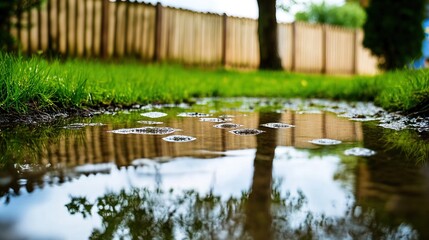 Obraz premium Backyard with standing water reflecting the surrounding trees and sky, capturing the serene beauty of nature's reflection and the tranquility of a still moment.