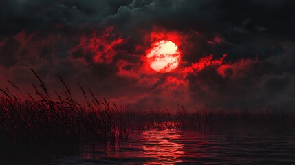 Fototapeta premium Glowing Red Sunset Over Peaceful Waters and Dramatic Cloud Cover Image