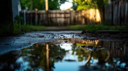 Obraz premium Backyard with standing water reflecting the surrounding trees and sky, capturing the serene beauty of nature's reflection and the tranquility of a still moment.