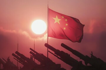 中国国旗と夕日に映えるミサイル