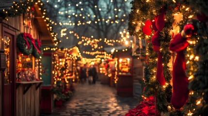 Festive Christmas Market Stall with Garland Lights and Red Decorations