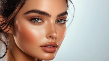 Fototapeta premium Close-up portrait of a young woman with flawless skin and serene expression, showcasing natural beauty and elegance in a neutral setting.