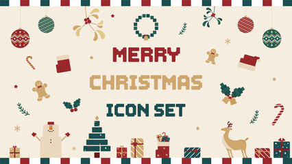 Fototapeta premium 雪だるま、サンタクロース、オーナメント等で飾られたクリスマスの素材アイコンセット Christmas icon set decorated with snowmen, Santa Claus, and ornaments