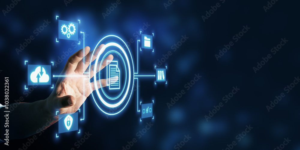 Poster Digital document management concept with hand interaction in a virtual environment.