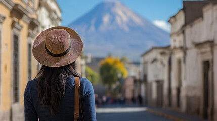 Fototapeta premium A woman with a straw hat enjoys a picturesque view of a distant volcano on a sunny day in an urban setting.