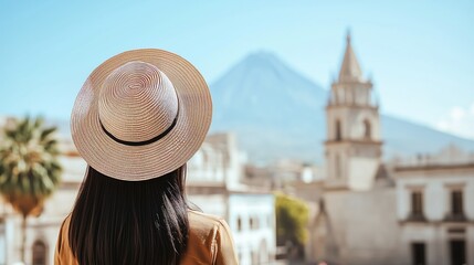 Fototapeta premium A woman in a straw hat enjoys a picturesque view of a mountain from a charming historical city center.