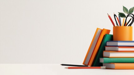 Colorful books and stationery on a table.