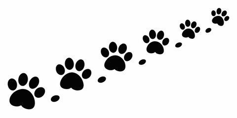 Black cat paw prints in the shape of an arrow on a white background. Paw vector foot trail print of cat. Dog, puppy silhouette animal diagonal tracks for t-shirts, backgrounds, patterns, websites. 