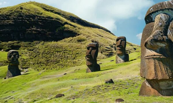 Moai statues in Rano Raraku Volcano Easter Island Chile. Moai statues in the mountains