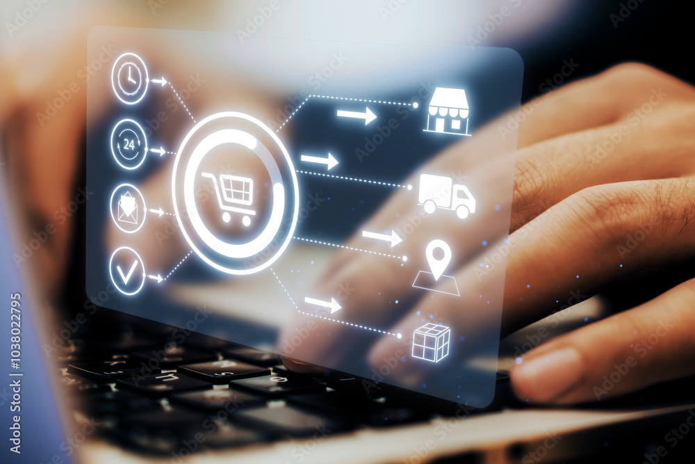 Aufkleber Digital shopping interface with icons representing online retail services on transparent screen over keyboard.